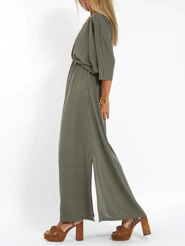 Women's Casual Solid Color V-Neck Slit Dress 