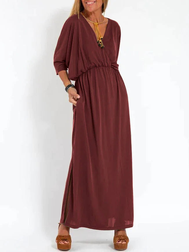 Women's Casual Solid Color V-Neck Slit Dress 